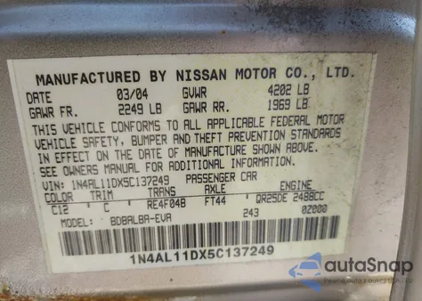 2005 Nissan Altima 2.5 S из США, поврежденный, VIN 1N4AL11DX5C137249